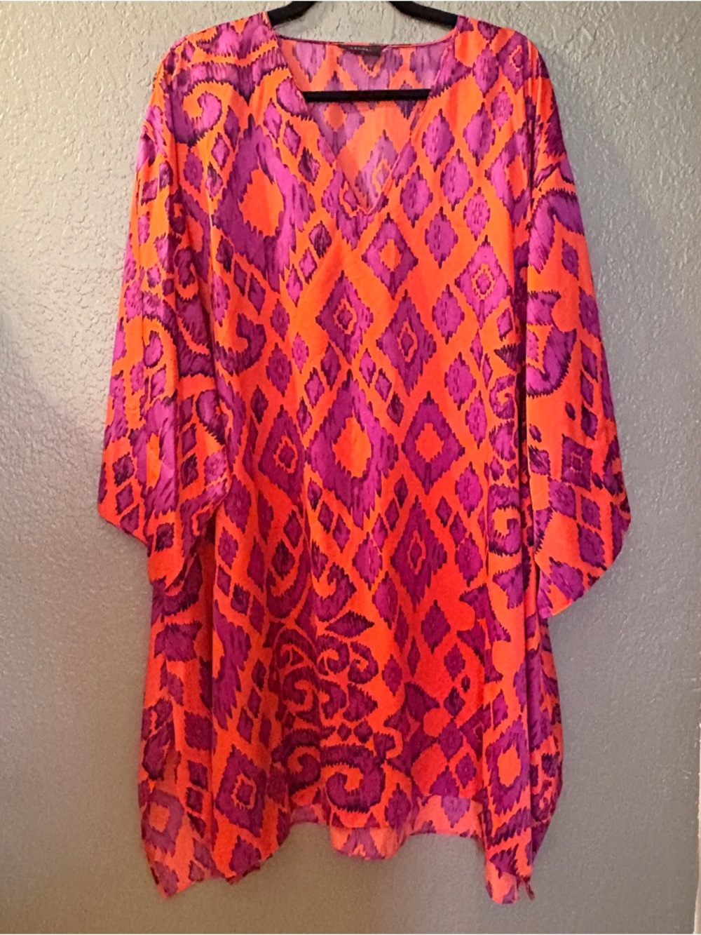 Natori Orange and Fuchsia Ikat-Print V-Neck Tunic Gorgeous Size Large
